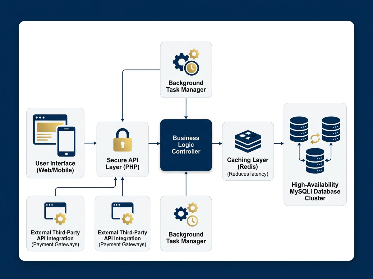 Trizend Software System Architecture: Scalable PHP 8.x and Flutter 3.x Framework.